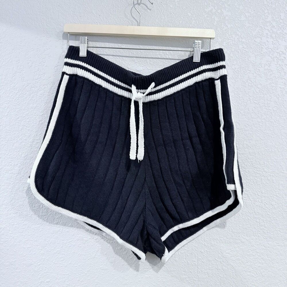 Rag & Bone Serena Ribbed Knit Shorts Navy Blue Wool Linen Blend Size XL Casual
